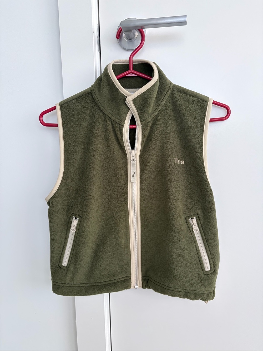 Tna Olive Green Cropped Fleece Vest with Cream Trim